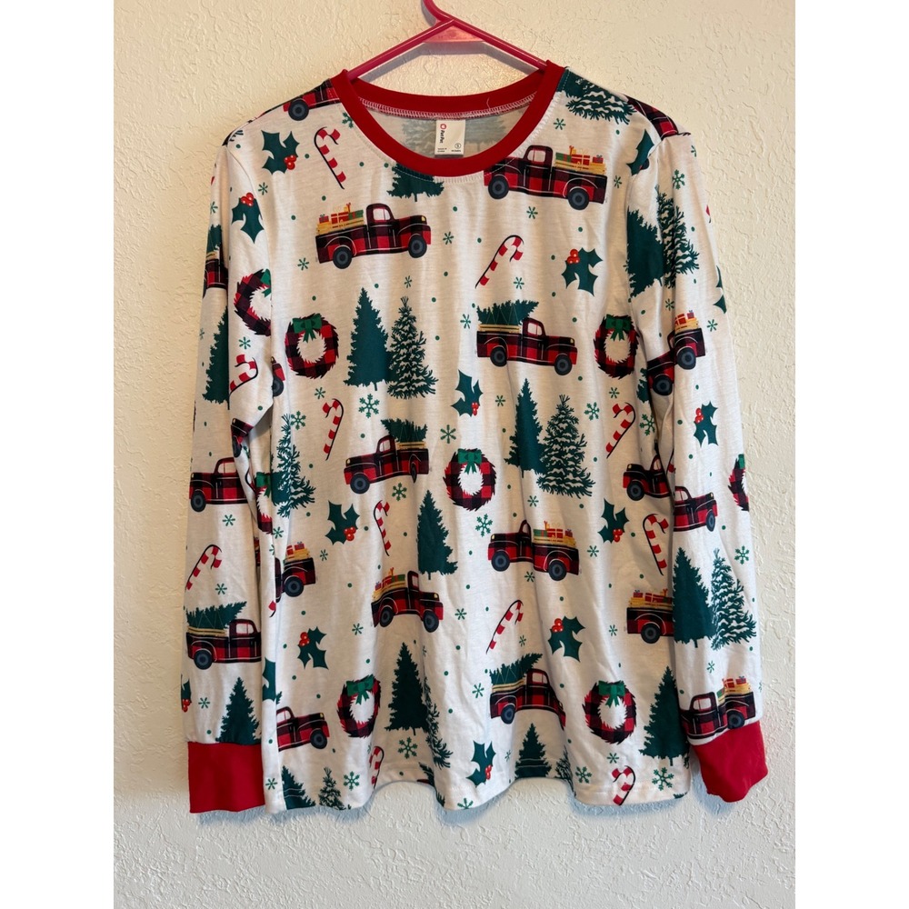 PatPat Women Christmas Red Plaid Truck Pajama Top Long Sleeve White Small